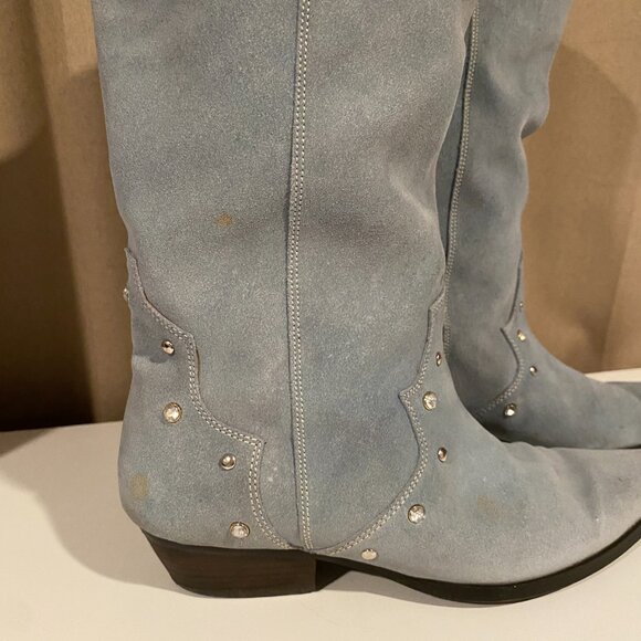 Steve Madden Y2K Light Blue Suede Studded Western Boots - 15" Tall Rodeo Style - Picture 3 of 12